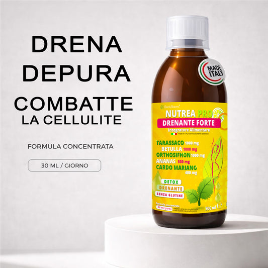 NUTREA PRO® Drenante Liquido | Formula Concentrata con 11 Estratti Naturali | Drena i Liquidi in Eccesso | Sgonfia Addome e Gambe | Supporta Depurazione e cellulite | 500 ml Senza Glutine