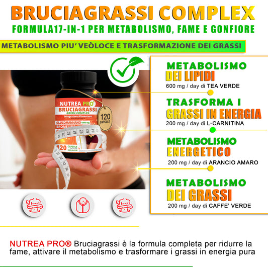 NUTREA PRO® Brucia Grassi Green Complex | Bruciagrassi Naturale con 17 piante efficaci | Attiva il Metabolismo | Riduci la Fame | Drena i Liquidi in eccesso | 120 cps senza Glutine