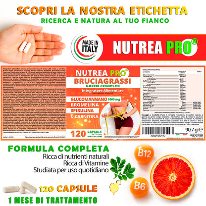 NUTREA PRO® Brucia Grassi Green Complex | Bruciagrassi Naturale con 17 piante efficaci | Attiva il Metabolismo | Riduci la Fame | Drena i Liquidi in eccesso | 120 cps senza Glutine