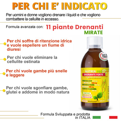 NUTREA PRO® Drenante Liquido | Formula Concentrata con 11 Estratti Naturali | Drena i Liquidi in Eccesso | Sgonfia Addome e Gambe | Supporta Depurazione e cellulite | 500 ml Senza Glutine