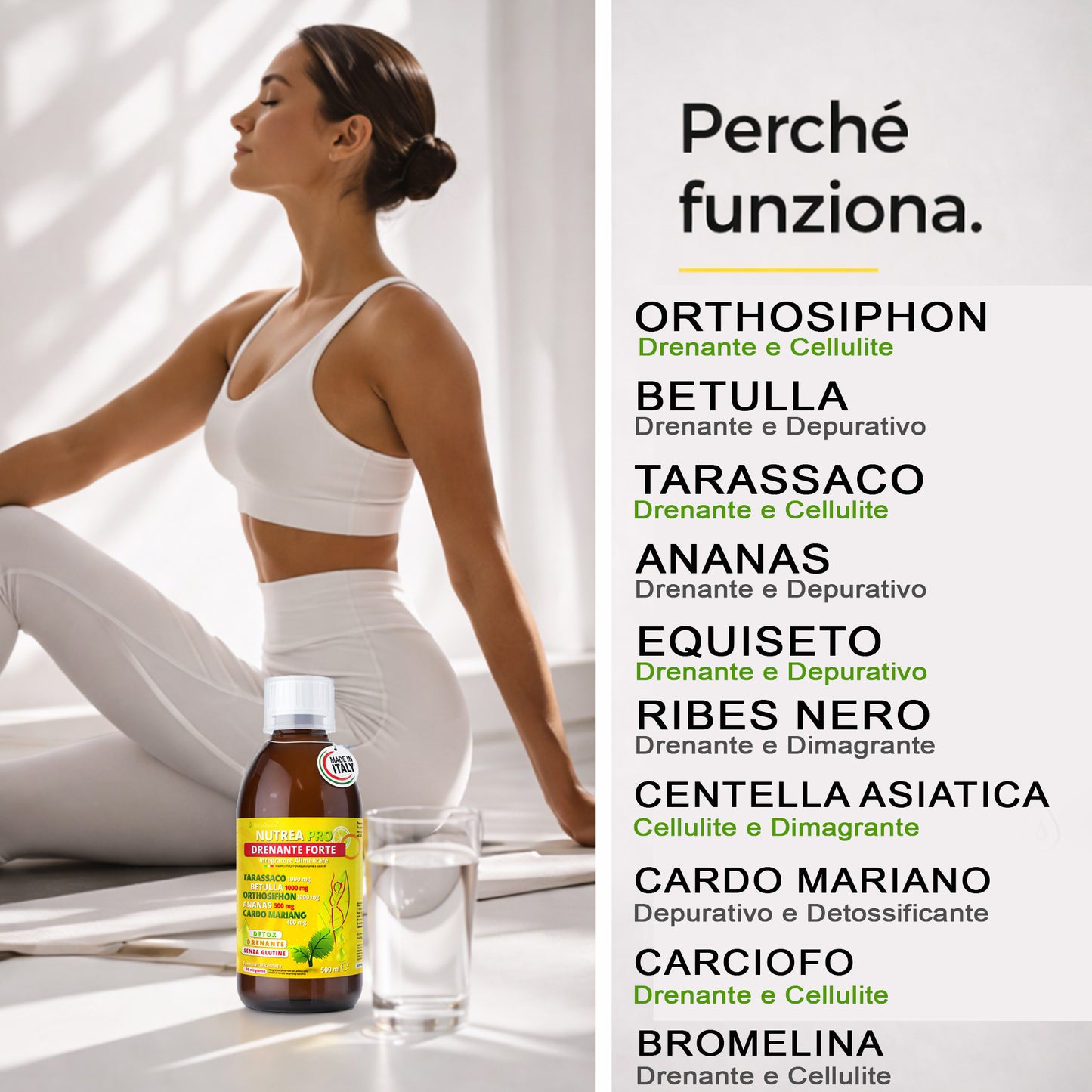 NUTREA PRO® Drenante Liquido | Formula Concentrata con 11 Estratti Naturali | Drena i Liquidi in Eccesso | Sgonfia Addome e Gambe | Supporta Depurazione e cellulite | 500 ml Senza Glutine