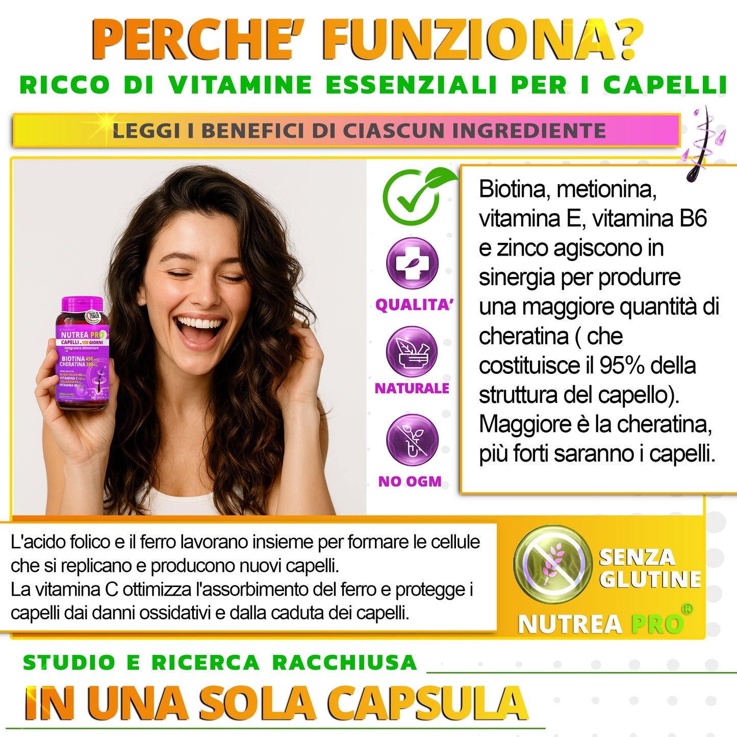 NUTREA PRO® Capelli in 100 Giorni | Integratore Avanzato con 12 Attivi Essenziali | Biotina 450 mcg & Cheratina 300 mg | Rinforza i Capelli | Riduce la Caduta | Stimola la Crescita Naturale | 100 Capsule Senza Glutine