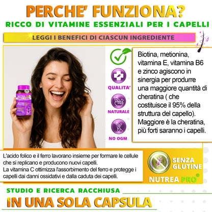 NUTREA PRO® Capelli in 100 Giorni | Integratore Avanzato con 12 Attivi Essenziali | Biotina 450 mcg & Cheratina 300 mg | Rinforza i Capelli | Riduce la Caduta | Stimola la Crescita Naturale | 100 Capsule Senza Glutine