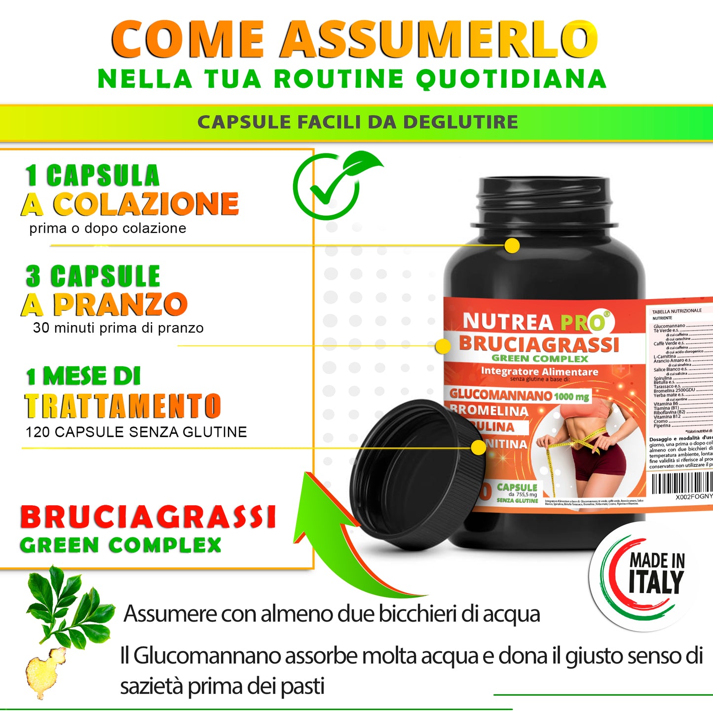 NUTREA PRO® Brucia Grassi Green Complex | Bruciagrassi Naturale con 17 piante efficaci | Attiva il Metabolismo | Riduci la Fame | Drena i Liquidi in eccesso | 120 cps senza Glutine