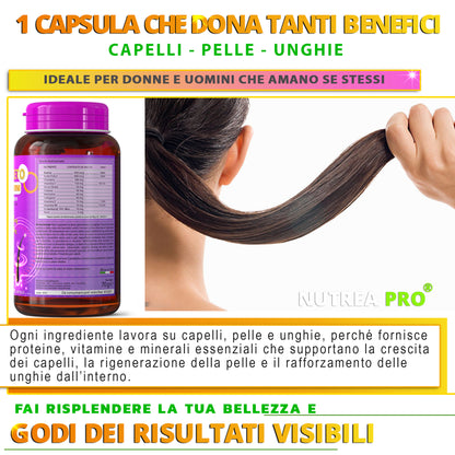NUTREA PRO® Capelli in 100 Giorni | Integratore Avanzato con 12 Attivi Essenziali | Biotina 450 mcg & Cheratina 300 mg | Rinforza i Capelli | Riduce la Caduta | Stimola la Crescita Naturale | 100 Capsule Senza Glutine