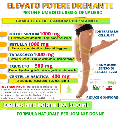 NUTREA PRO® Drenante Liquido | Formula Concentrata con 11 Estratti Naturali | Drena i Liquidi in Eccesso | Sgonfia Addome e Gambe | Supporta Depurazione e cellulite | 500 ml Senza Glutine