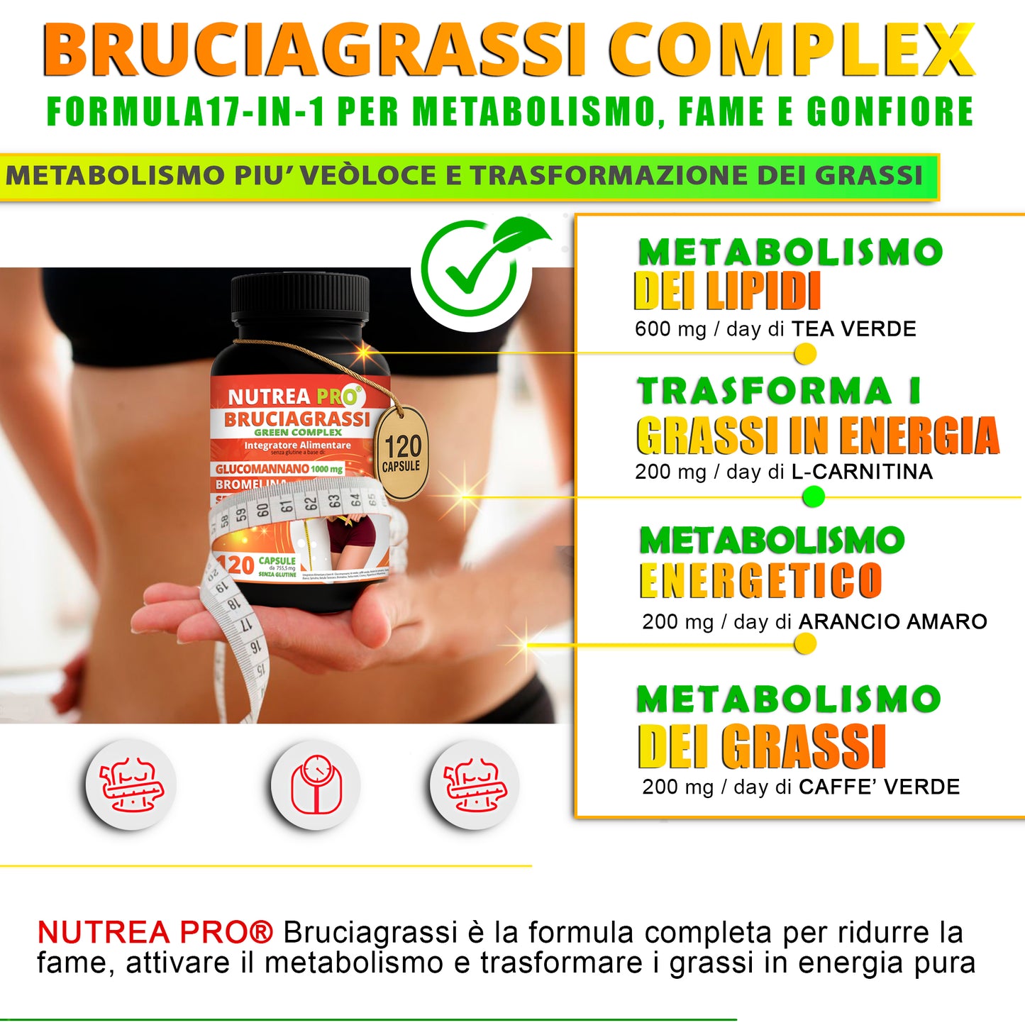 NUTREA PRO® Brucia Grassi Green Complex | Bruciagrassi Naturale con 17 piante efficaci | Attiva il Metabolismo | Riduci la Fame | Drena i Liquidi in eccesso | 120 cps senza Glutine