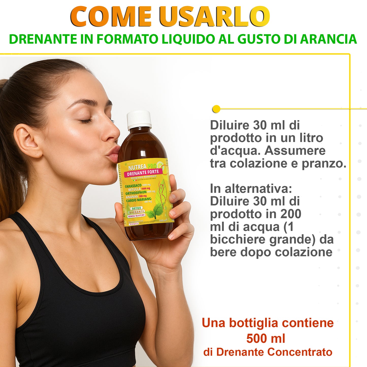 NUTREA PRO® Drenante Liquido | Formula Concentrata con 11 Estratti Naturali | Drena i Liquidi in Eccesso | Sgonfia Addome e Gambe | Supporta Depurazione e cellulite | 500 ml Senza Glutine