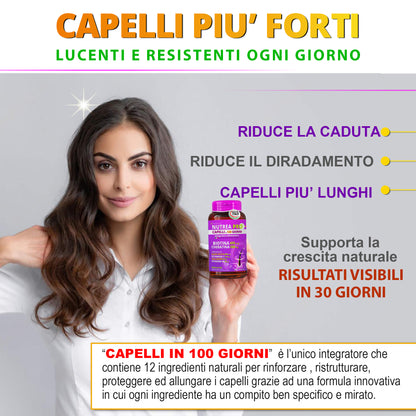 NUTREA PRO® Capelli in 100 Giorni | Integratore Avanzato con 12 Attivi Essenziali | Biotina 450 mcg & Cheratina 300 mg | Rinforza i Capelli | Riduce la Caduta | Stimola la Crescita Naturale | 100 Capsule Senza Glutine