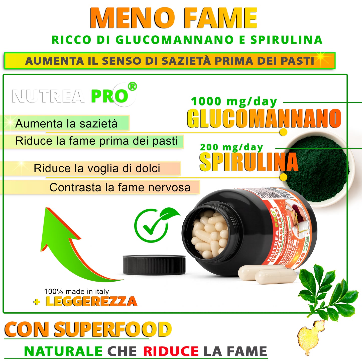 NUTREA PRO® Brucia Grassi Green Complex | Bruciagrassi Naturale con 17 piante efficaci | Attiva il Metabolismo | Riduci la Fame | Drena i Liquidi in eccesso | 120 cps senza Glutine