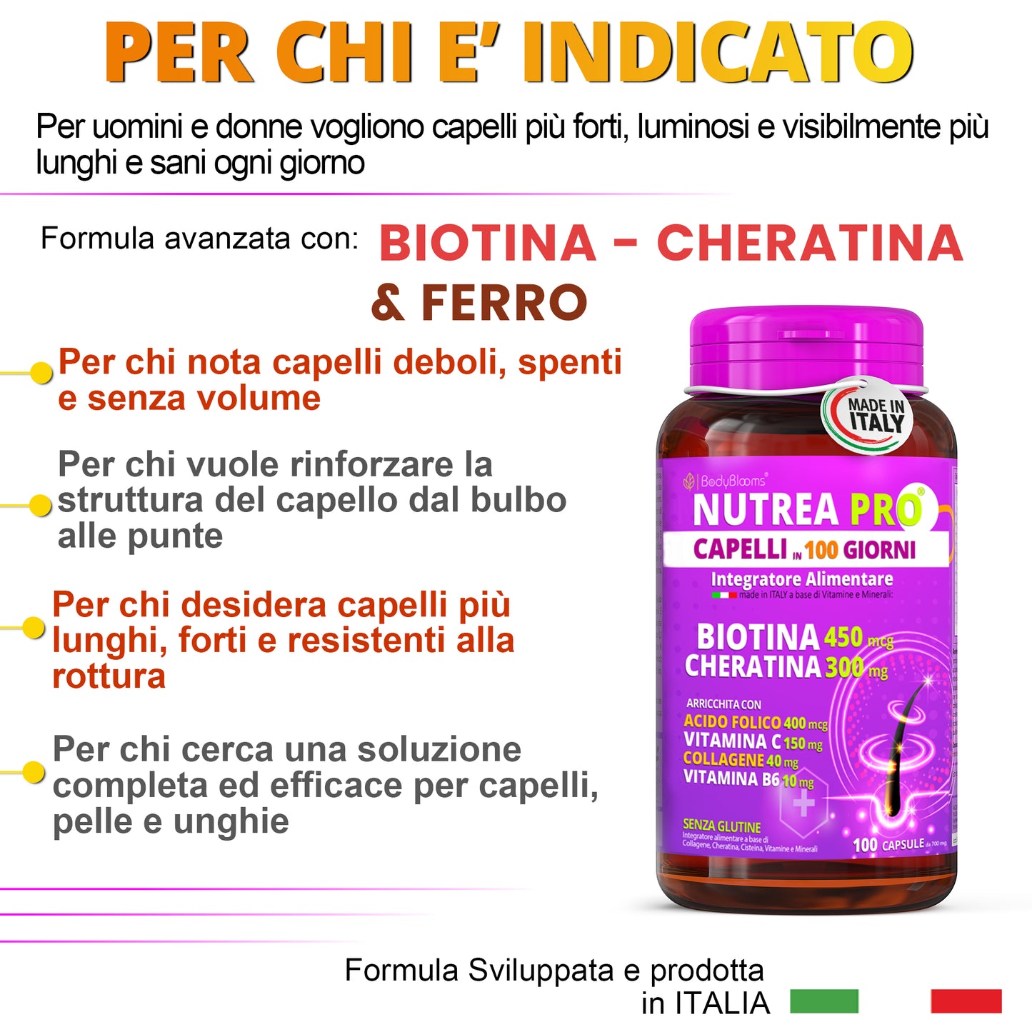NUTREA PRO® Capelli in 100 Giorni | Integratore Avanzato con 12 Attivi Essenziali | Biotina 450 mcg & Cheratina 300 mg | Rinforza i Capelli | Riduce la Caduta | Stimola la Crescita Naturale | 100 Capsule Senza Glutine