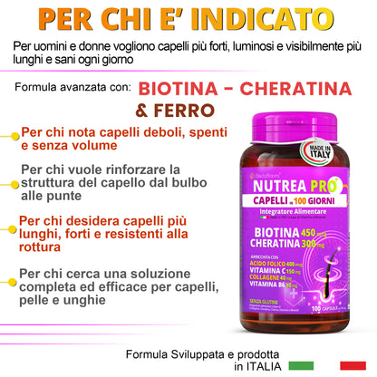 NUTREA PRO® Capelli in 100 Giorni | Integratore Avanzato con 12 Attivi Essenziali | Biotina 450 mcg & Cheratina 300 mg | Rinforza i Capelli | Riduce la Caduta | Stimola la Crescita Naturale | 100 Capsule Senza Glutine