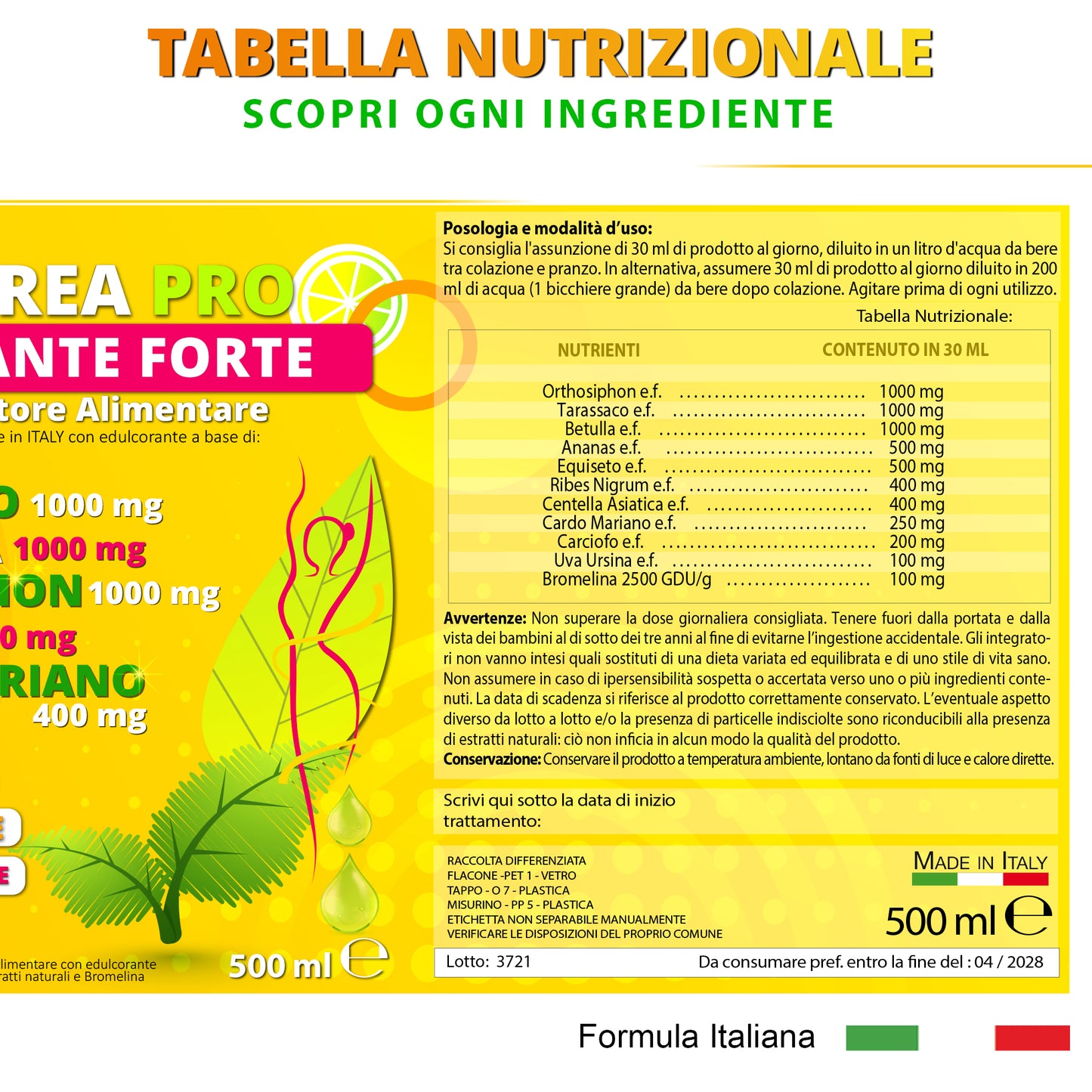 NUTREA PRO® Drenante Liquido | Formula Concentrata con 11 Estratti Naturali | Drena i Liquidi in Eccesso | Sgonfia Addome e Gambe | Supporta Depurazione e cellulite | 500 ml Senza Glutine