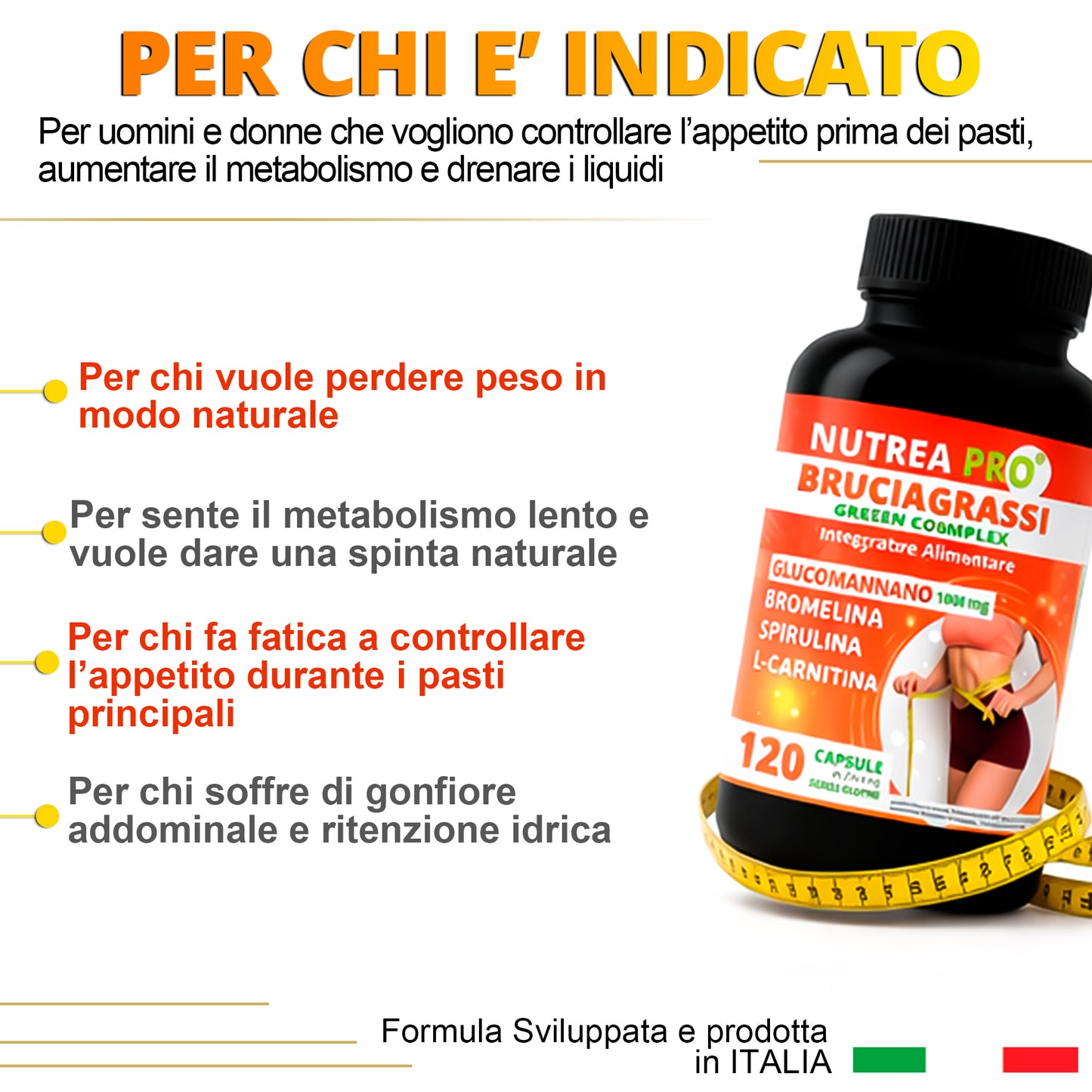 NUTREA PRO® Brucia Grassi Green Complex | Bruciagrassi Naturale con 17 piante efficaci | Attiva il Metabolismo | Riduci la Fame | Drena i Liquidi in eccesso | 120 cps senza Glutine
