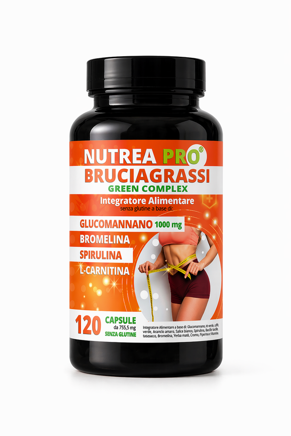 NUTREA PRO® Brucia Grassi Green Complex | Bruciagrassi Naturale con 17 piante efficaci | Attiva il Metabolismo | Riduci la Fame | Drena i Liquidi in eccesso | 120 cps senza Glutine