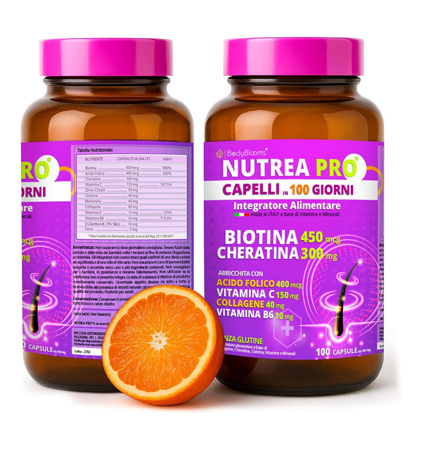 NUTREA PRO® Capelli in 100 Giorni | Integratore Avanzato con 12 Attivi Essenziali | Biotina 450 mcg & Cheratina 300 mg | Rinforza i Capelli | Riduce la Caduta | Stimola la Crescita Naturale | 100 Capsule Senza Glutine